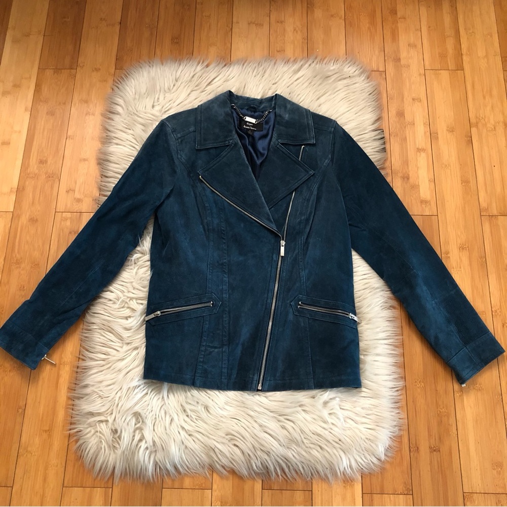 Dennis Basso Genuine Leather Suede Asymmetrical Zip Up Teal Blue Jacket size S
